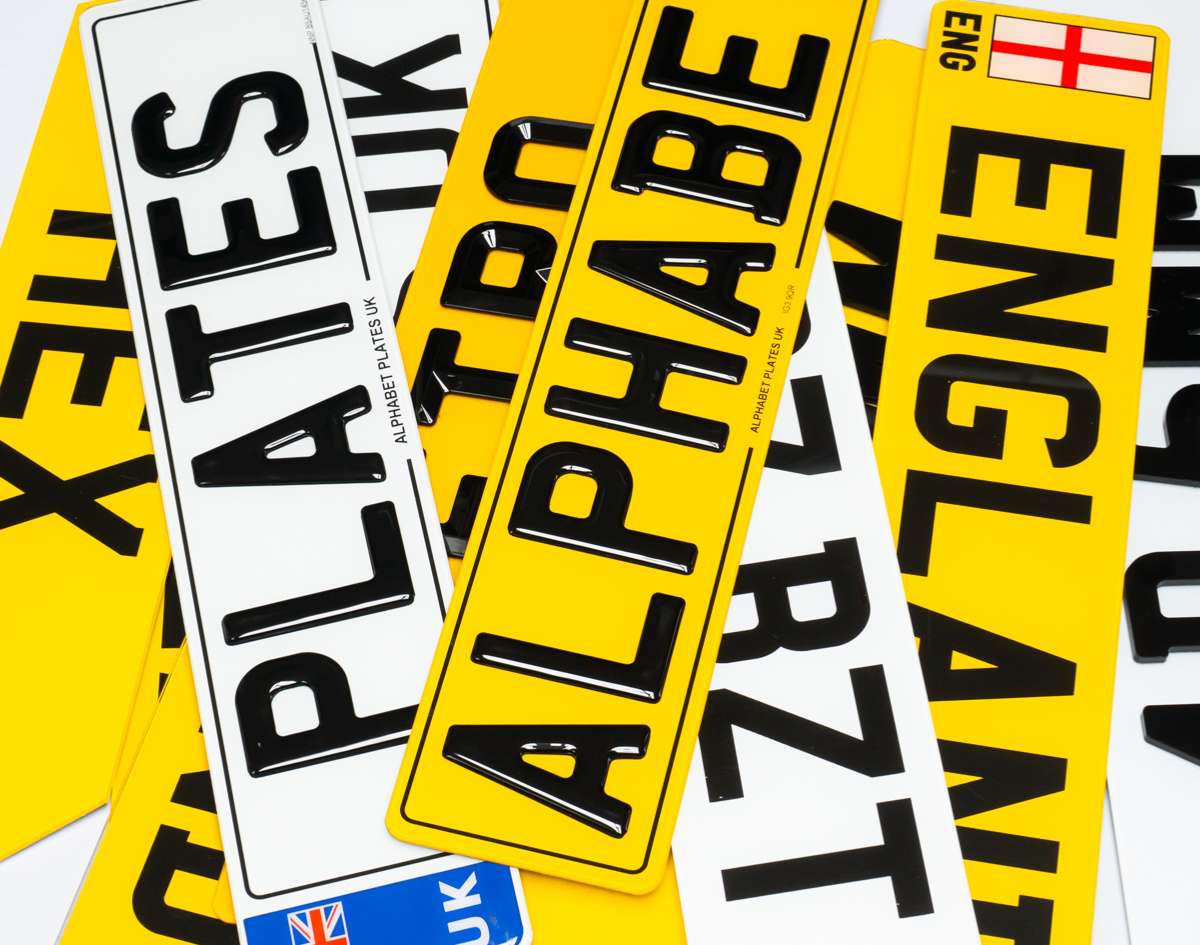 Range of DVLA compliant UK number plates including 3D gel, printed and flag styles