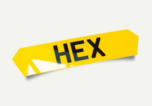 Hex Number Plate (Lambo Style) – Custom Shaped, Road Legal, Black Text on White and Yellow Plates