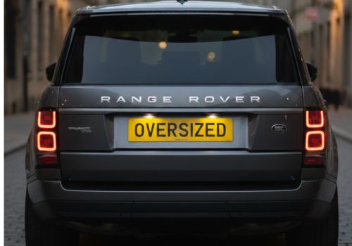 Oversized 21x6 inch number plate fitted on a Range Rover rear tailgate