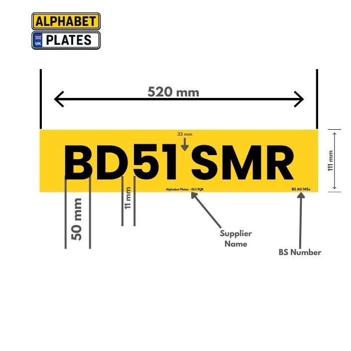 Diagram showing standard UK number plate dimensions - 520mm width, 111mm height, with character measurements