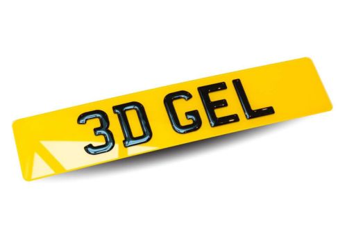 3D Gel Number Plate - Premium Domed Resin Finish, showing raised glossy black characters on a white and yellow UK plate